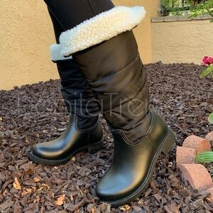 Black Nylon and PVC Sherpa Rain Boots